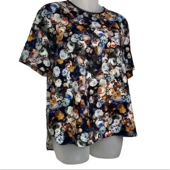 NWT ZARA‎ WOMAN BLACK FLORAL FAUX LEATHER TRIM BUTTON BACK BLOUSE LARGE - Picture 2 of 7